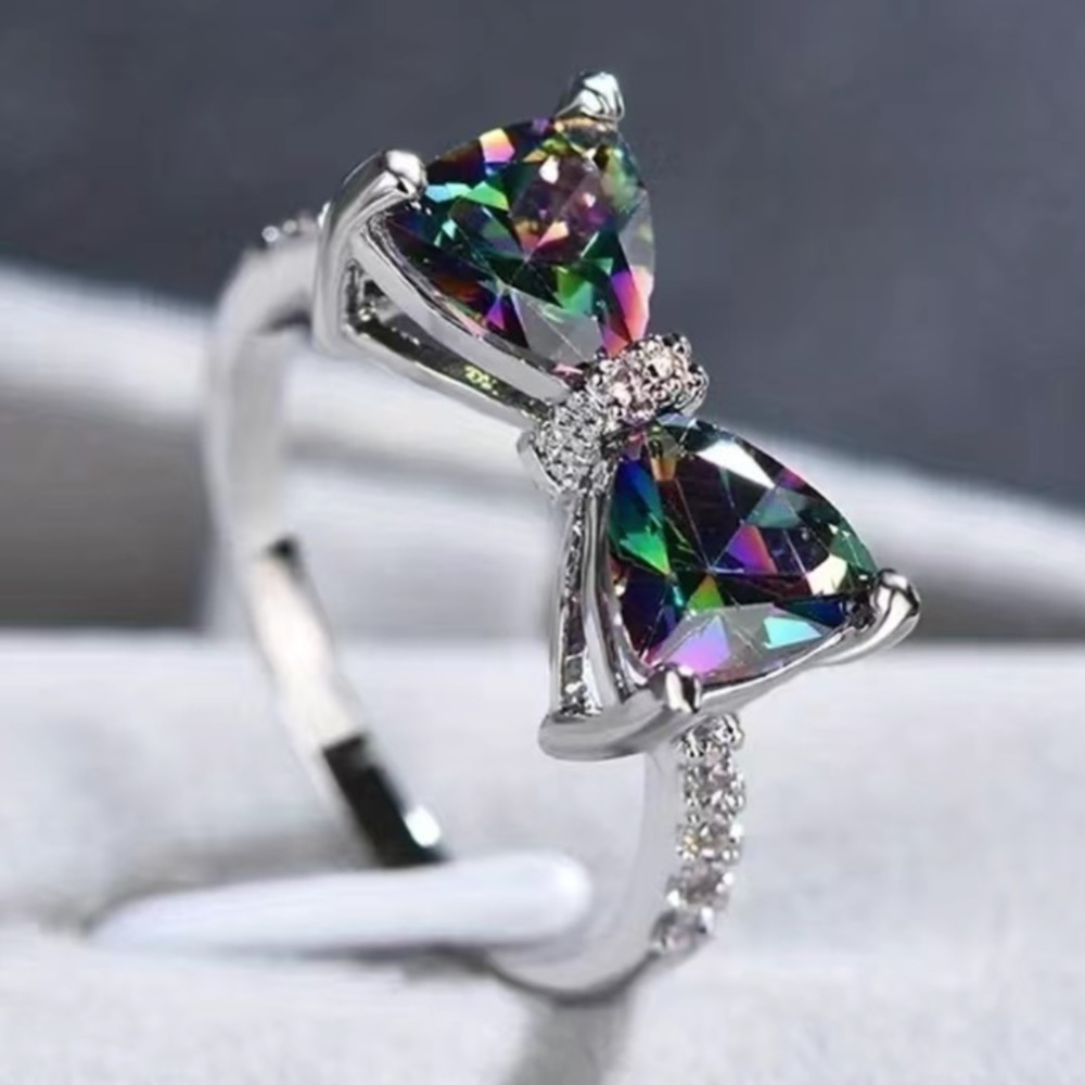 Multi Colored Inlaid Topaz Bow Designed Ring Size 8